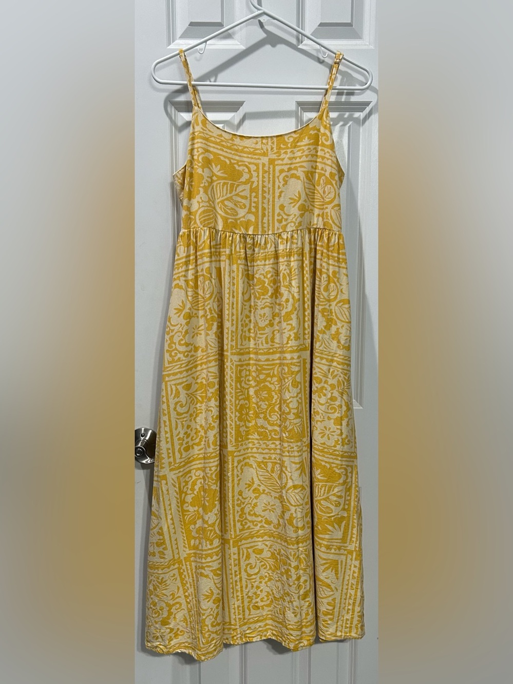 Japna Strappy Cotton Flax Midi Sun Dress Size M Yellow Smocked Back Summer Boho